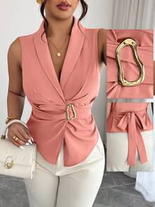 Elenzga Plus Size V-Neck Elegant Tie-Waist Sleeveless Blouse - Coral Orange - View 1