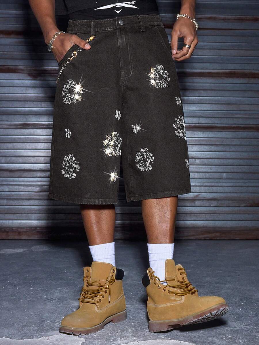 AXEPEAK Men's Washed Rhinestone Embellished Casual Shorts