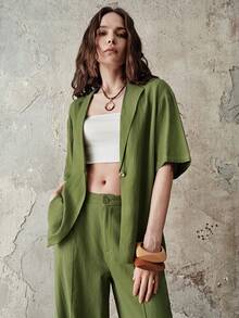 Aveloria Modichic Women's Linen-Like Loose Metal Asymmetric Button Short Sleeve Blazer And Straight Leg Pants Suit Set, Olive Green Short Sleeve Blazer, Single Button Design, Loose Silhouette, 7/8 Straight Leg Pants, Minimalist Casual Suit, Lightweight Crinkle Fabric, Office & Business Casual, Spring/Summer Wear, Comfortable, Suitable For Daily Office And Business, Natural Drape, Flattering For All Body Types, Easy To Style For Holidays - Green - View 4