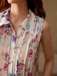 MOTF PREMIUM BLUSA SIN MANGAS CON ESTAMPADO FLORAL Y VOLANTES PARA MUJER, INFORMAL Y PARA CITAS, PRIMAVERA/VERANO - Multicolor - Ver 1