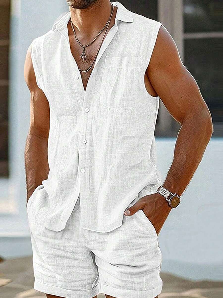 Manfinity Dauomo 2pcs Men Linen Outfit Set, Drawstring Backless Vest Top And Shorts, Hippie Beach Style - White - View 1