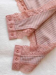 Comfortcana Áo liền thân ren phối sọc dành cho nữ, kiểu dáng thường ngày. - Đỏ - Xem 7