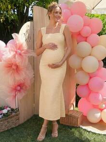 Loomaby Maternity Solid Color Fitted Square Neck Sleeveless Dress - Apricot - View 4