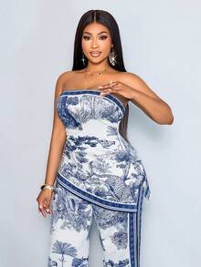 大码女装时尚热带风情法式庄园印花无肩带无袖不规则褶皱修身优雅性感侧开衩吊带背心和阔腿裤两件套。收腰设计显瘦又时尚。完美适用于海滩度假、春夏出行，增添一丝奢华复古气息，百搭且适合各种身材。复古热带植物主题吊带背心和阔腿裤套装，蓝白动物纹印花休闲套装。 - 藏蓝色 - 查看 5