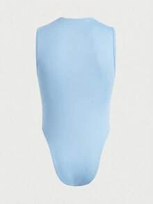 FeverCity Bodysuit Tanpa Lengan Seksi Pria dengan Motif Jala dan Patchwork - Biru - View 8