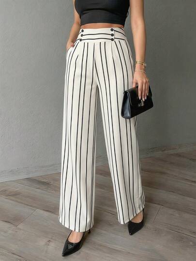 SHEIN Pantalones de pierna ancha de estilo elegante con detalles a rayas, ajuste regular para mujer