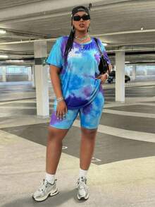 SHEIN CURVE+ Plus Size Women's 2-Piece Tie-Dye Print Set, Suitable For Vacation, Summer Outings, And Casual Daily Wear - Blue - View 4