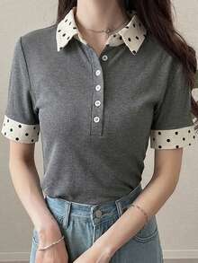 FRIFUL Women's Polka Dot Pattern Button Half Placket Short Sleeve Casual T-Shirt - Grey - View 5