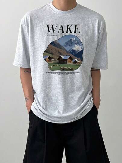DAZY Floral & Letter Print Crew Neck Short Sleeve T-Shirt For Men, Summer