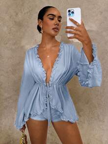 Glamine Blusa holgada con cintura fruncida y volantes para mujeres - Celeste - Ver 5