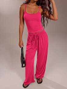 Avantive Women's Solid Color Fitted Camisole And Pants Casual Suit - Hot Pink - View 3