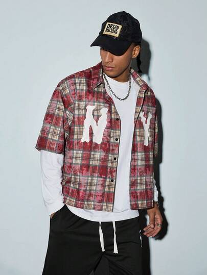Modcrash Men's Plaid Casual Shirts, Tie-Dye New York Letter Graphic Short Sleeve Button-Up Shirts, Cropped Oversized Red Tops, Lightweight For Summer Beach Vacation Weekend Party Couple Matching Gift For Boyfriend,Mother's Day Gift