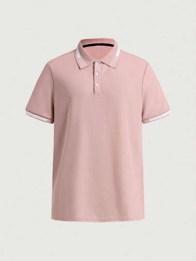 Courvante Men's Casual Contrast Trim Short Sleeve Polo Shirt, Pink, Summer Nude Color T Collar T Men Solid Commute Golf Old Money Tennis, Daily Leisure, Weekend Trips, Outdoor Activities, Boyfriend/Husband Gift, Father's Day For Father, Outfits For Men