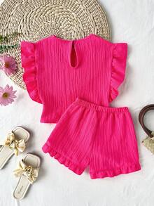 SHEIN 2pcs/Set Young Girl Pink Textured Round Neck T-Shirt And Shorts - Hot Pink - View 2