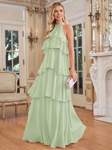 Vestido largo y fluido con cuello de halter y volantes en capas de color rosa elegante para vacaciones de verano - verde menta - Ver 3