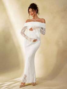Cheriluna Maternity 孕妇摄影蕾丝连衣裙 / 优雅派对礼服 / 黄色新年连衣裙 / 冬季连衣裙 - 白色 - 查看 3