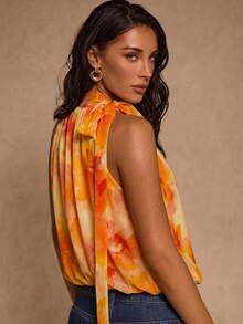 SHEIN Glamour Women's Elegant Floral Print Halter Neck Blouse,Golden Yellow Tropical Summer Top With Tie Detail,Holiday Vacation Beach & Resort Party Outfits - Orange - View 8