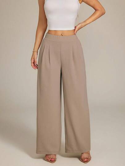 SHEIN PETITE Women's High-Waist Solid Color Pleated Wide Leg Loose Basic Casual Pants Winter Spring