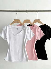 SHEIN EZwear 3件装女士夏季V领紧身T恤，朋克亚文化动漫纯色基础款V领短袖修身T恤 - 彩色 - 查看 3