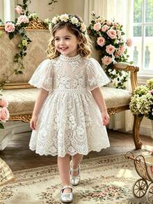 Baby Girl White Floral Summer Elegant Wedding Guest Dress,Stand Collar Short Sleeve Ruffle Hem Lace White Dress,Fashion Casual Dresses For Girls - White - View 3