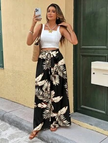 SHEIN Frenchy 女士休闲度假阔腿裤，热带树叶印花长裤，女士夏季长裤 - 彩色 - 查看 5