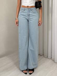 SHEIN TRNDY Quần jeans ống đứng cạp thấp kẻ sọc kiểu dáng thường ngày - Rửa nhẹ - Xem 3