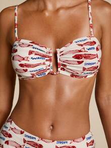 Travachic Conjunto de bikini y calzoncillos triangulares con tirantes finos y estampado todo sobre todo para mujer, ideal para la playa de verano - Multicolor - Ver 4