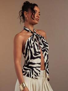 Hauture Blusa de lino con cuello halter, sin espalda y estampado abstracto sexy para mujer - Multicolor - Ver 3