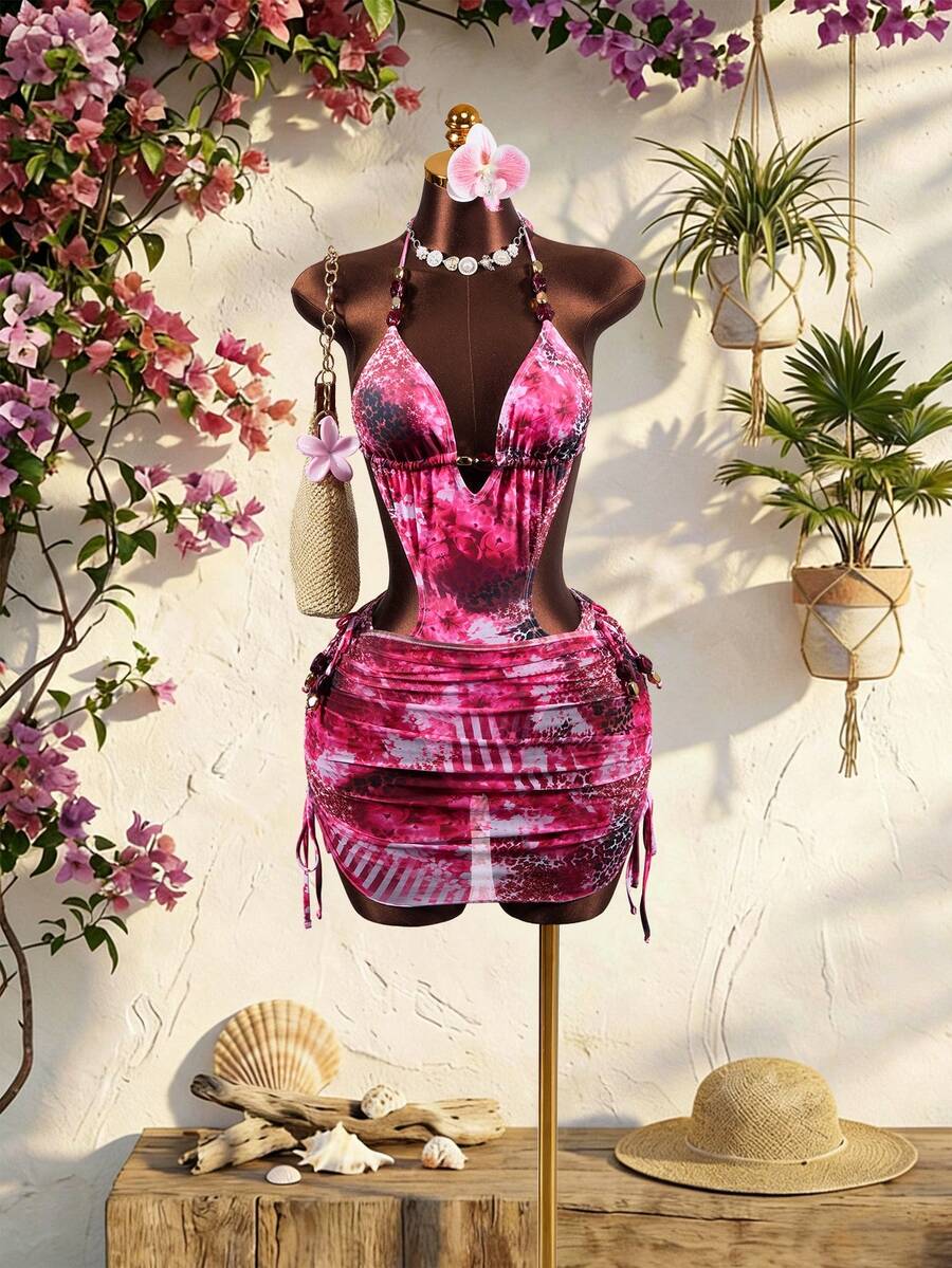 Zestiva Women's 2-Piece Swimsuit Set, Tie Dye Floral Print With Beaded Decor, Hollow-Out One-Piece Swimsuit Paired With Drawstring Mini Skirt, Summer Beach - Pink - View 1