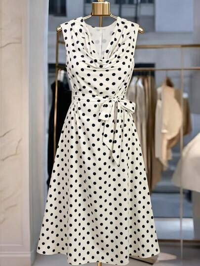 GlowEve CURVE Plus Size Women's Draped Neck Polka Dot Pattern Casual Elegant Bohemian Sleeveless Maxi Dress, Suitable For Commuting, Daily Wear, And Vacation, Spring/Summer