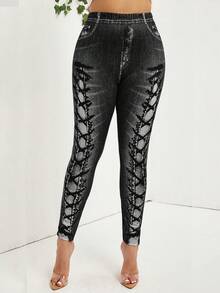 SHEIN Lady Quần legging buộc dây họa tiết ngô co giãn dành cho nữ - màu đen - Xem 11