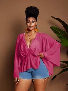 Plus Size Elegant Chiffon V-Neck Ruffle Sleeve Blouse, Loose Fit Pleated Slimming Flowy Casual Summer Top, Orange - Hot Pink - View 3