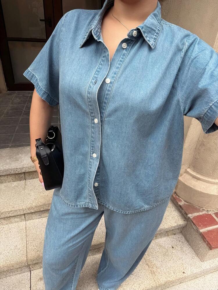 Dazy Plus Summer Collared 3/4 Sleeve Open Front Denim Top And Loose Casual Denim Pants 2 Pieces Set, Unisex Casual Denim Outfit, Plus Size