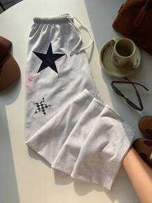 Comfortcana 女款星星刺繡抽繩腰休閒運動長褲，淺灰色冬季返校穿搭，Y2K舒適度假風，2026新款 - 灰色 - 查看 7