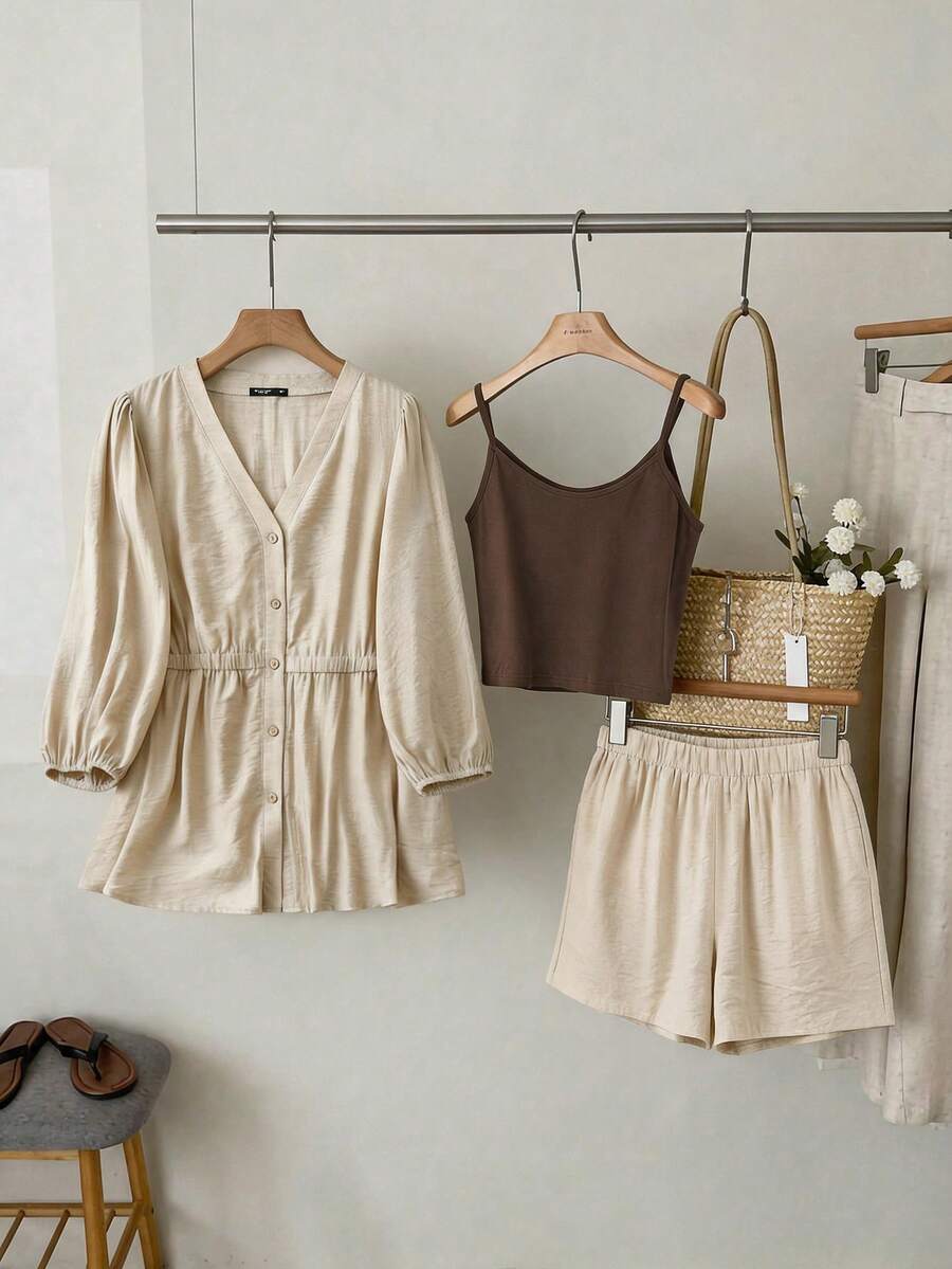 GlowEve CURVE Plus Size Summer Casual Solid Color Shirt And Shorts 2 Pieces Set - Khaki - View 1