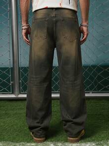 1pc Men's Fashionable Loose Vintage Washed Wide-Leg Casual Jeans (No Belt Or Accessories) - Bronze - View 2