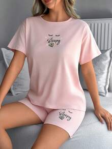 SHEIN Bộ đồ 2 món gồm áo thun ngắn tay cổ tròn màu hồng trơn và quần short cạp cao họa tiết chữ của Cotton Line dành cho nữ, kiểu dáng thoải mái và năng động. - Bụi hồng - Xem 4