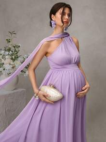Momance 单肩花卉缎带孕妇连衣裙，修身上身搭配A字型喇叭裙摆设计 - 淡紫色 - 查看 6