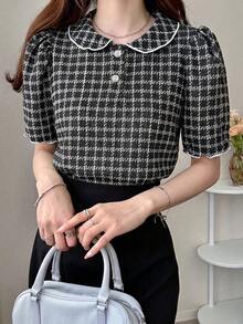 FRIFUL 女款杏色 Polo 領 T-shirt，對比縫線設計，泡泡袖圖案印花短袖上衣，適合夏季校園穿搭 - 黑色 - 查看 4