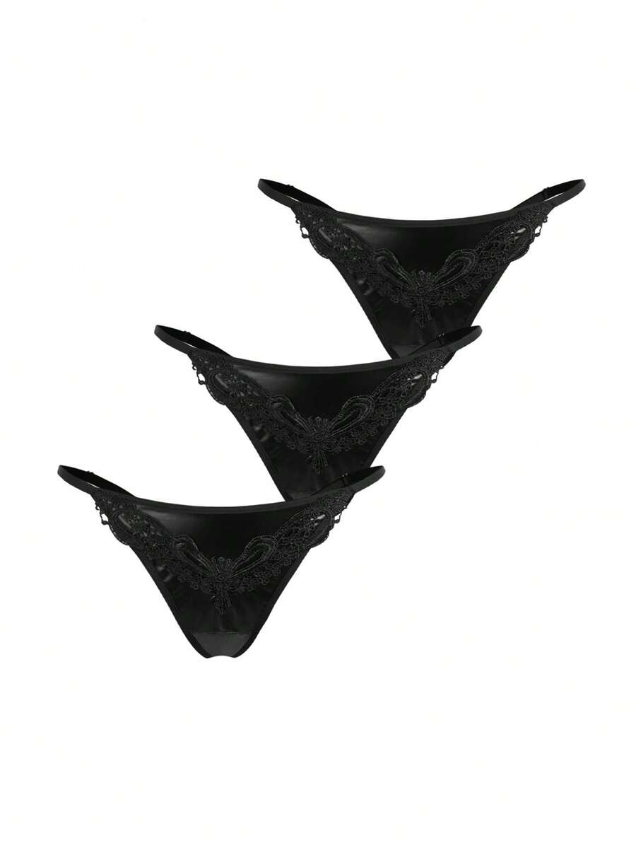 AltCore 3pcs/Set Pakaian Dalam Wanita, Patchwork Kulit PU, Desain Kupu-kupu Besar Bordir di Bagian Depan, Lingerie Seksi untuk Wanita Bertubuh Mungil - Hitam - View 1