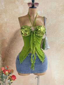 Soleia Women's Asymmetrical Hem Camisole With Seashell Decor, Suitable For Beach Vacation, Summer,Summer Top - Green - View 4