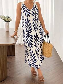 SHEIN Frenchy Plus Size Casual Vacation V-Neck Lace Patchwork Split Dress - Navy Blue - View 4