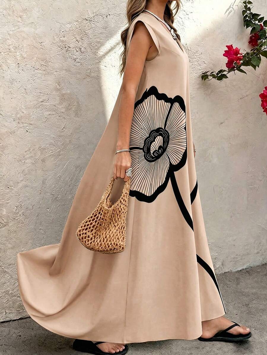 SHEIN LUNE CURVE Damen Große Größen Schwarzes Blumen Muster A-Linie Lässig Urlaubskleid, Frühling/Sommer - Verschiedenfarbig - Übersicht 1