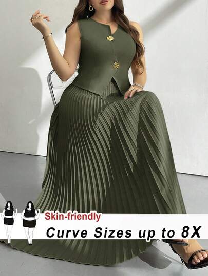 SHEIN CURVE+ 大码夏季优雅纯色无袖上衣和百褶裙两件套 春季