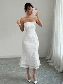 Rafferiza Vestido sin tirantes con malla y flores 3D en estilo vacacional para mujeres - Blanco - Ver 1