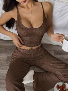 Hanevo 2pcs Camisole & Ribbed Pants Loungewear Set - Mocha Brown - View 3