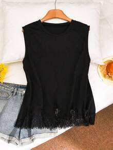 CosyJoli Sommer Cami Top und Tank Top in großen Größen, ärmellose Bluse mit Spitzeneinsatz für Damen, schwarze Sommertops für Damen - Schwarz - Übersicht 4
