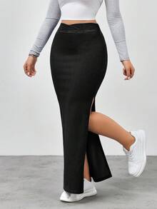 Flexra Women's Casual Solid Color Overlap Waist Split Thigh Fitted Denim Skirt, Suitable For Spring, Summer, Autumn - Black - View 4