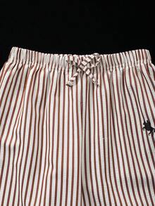 SHEIN Ensemble décontracté minimaliste de luxe avec imprimé cheval pour filles, t-shirt à manches courtes avec demi-boutons + pantalon large rayé noir et blanc, tenue 2 pièces, pour le printemps/été, port quotidien - Tabac - Voir 6