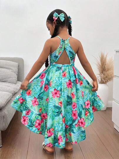 Young Girl Lemon Print Ruffle Sleves Long Dress , Summer Vacation,Mom And Daughter & Sisters Matching Style ,Matching Family Vacation , Holidays,Beach Vacation, Minimalist Sleeveless Floral Print Halter Dress,Minimalist Sleeveless Floral Print Halter Dress